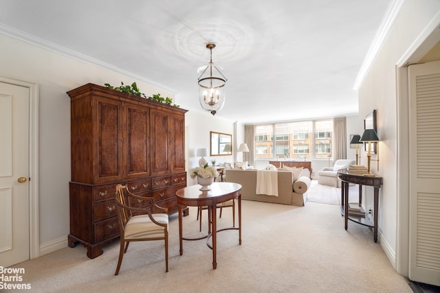 175 E 62nd St Unit 8B, New York City, NY 10065 - dining area featuring light carpet, ornamental molding, a chandelier, and baseboards