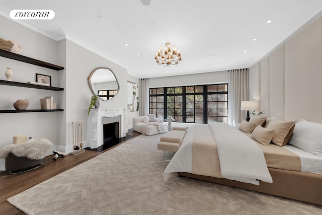 bedroom with visible vents, ornamental molding, a fireplace, recessed lighting, and a notable chandelier