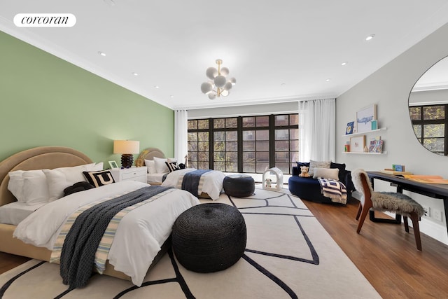 bedroom featuring visible vents, recessed lighting, crown molding, and wood finished floors