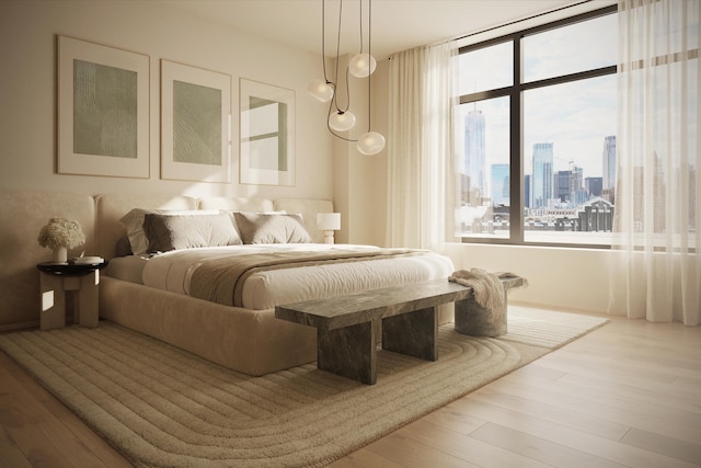 bedroom with a view of skyline and wood finished floors