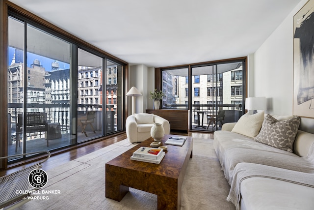 living area with floor to ceiling windows, wood finished floors, a view of city, and plenty of natural light