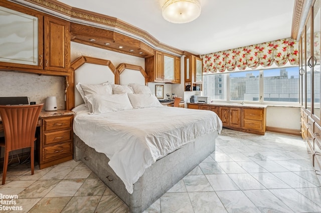 bedroom featuring light marble finish floors