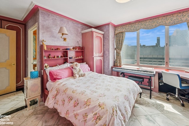 bedroom with ornamental molding, light marble finish flooring, and a desk