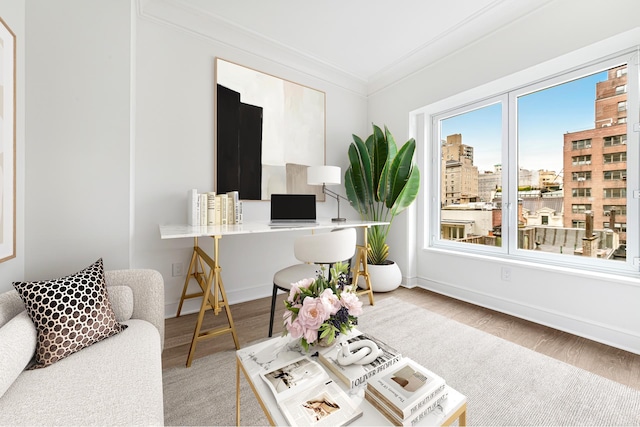 27 E 79th St Unit Duplex7/8, New York City, NY 10075 - living room featuring ornamental molding, wood finished floors, a view of city, and baseboards