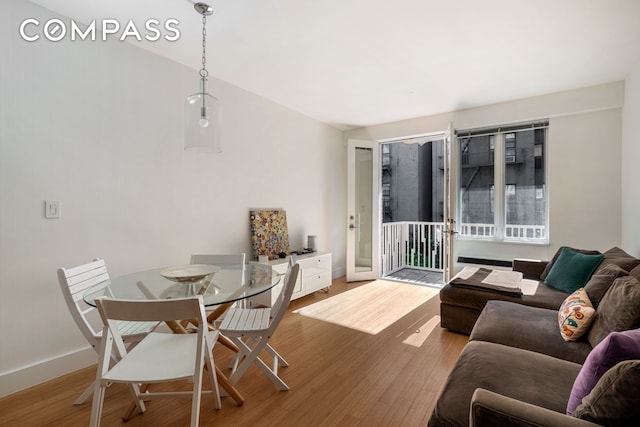 living area featuring baseboards and wood finished floors
