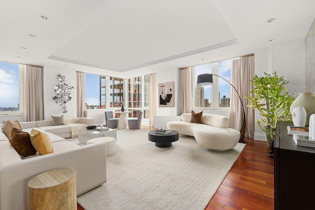 300 E 77th St Unit 30B, New York City, NY 10075 - living area with a tray ceiling, hardwood / wood-style flooring, and recessed lighting