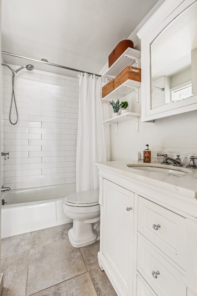 full bathroom with toilet, vanity, shower / bath combination with curtain, and tile patterned flooring