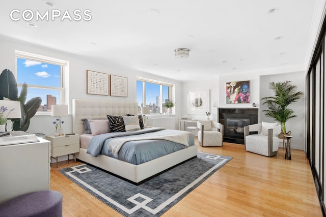 301 W 115th St Unit Ph4C, New York City, NY 10026 - bedroom with light wood-type flooring and a glass covered fireplace