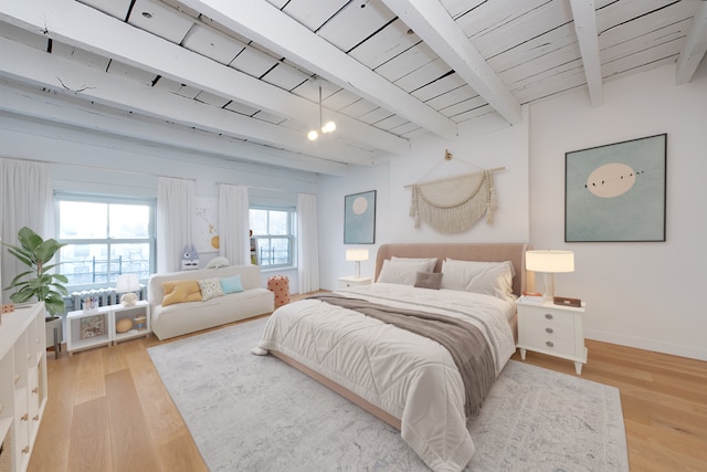 bedroom featuring light wood-style floors, baseboards, wood ceiling, and beam ceiling