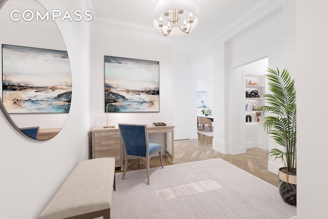 36 Gramercy Park E Unit 5W, New York City, NY 10003 - office area featuring crown molding and a chandelier