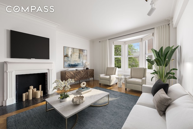 36 Gramercy Park E Unit 5W, New York City, NY 10003 - living area with crown molding, a fireplace, and wood finished floors