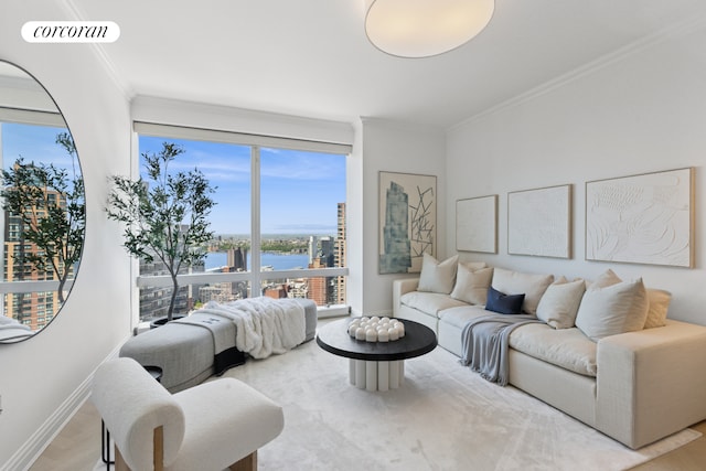 25 Columbus Cir Unit 56F, New York City, NY 10019 - living room with a water view, wood finished floors, and crown molding