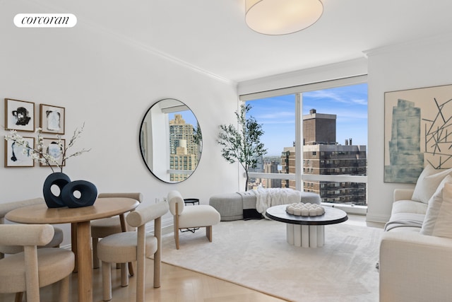 living area featuring a city view and ornamental molding