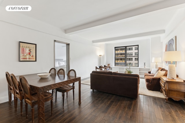 12 W 72nd St Unit 12D, New York City, NY 10023 - dining area with beamed ceiling, dark wood-style floors, and baseboards