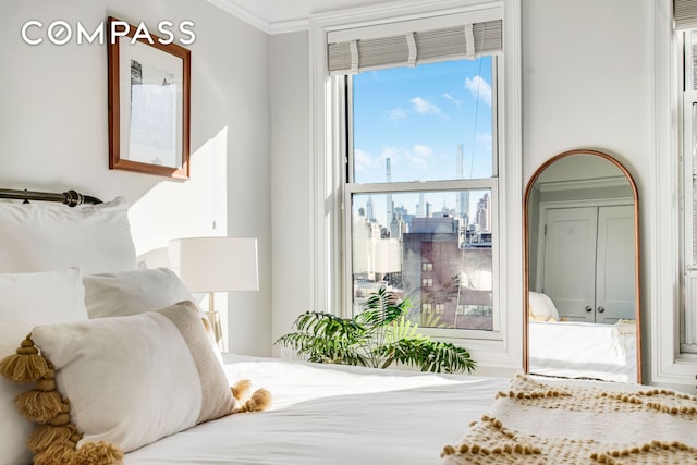bedroom featuring crown molding and a view of city