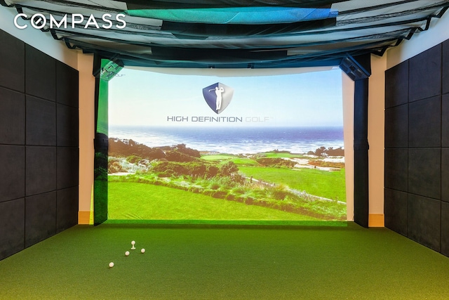 378 W End Ave Unit 11B, New York City, NY 10024 - game room featuring a water view, golf simulator, and carpet floors