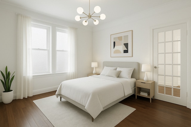 bedroom with a chandelier, dark wood-style floors, and baseboards