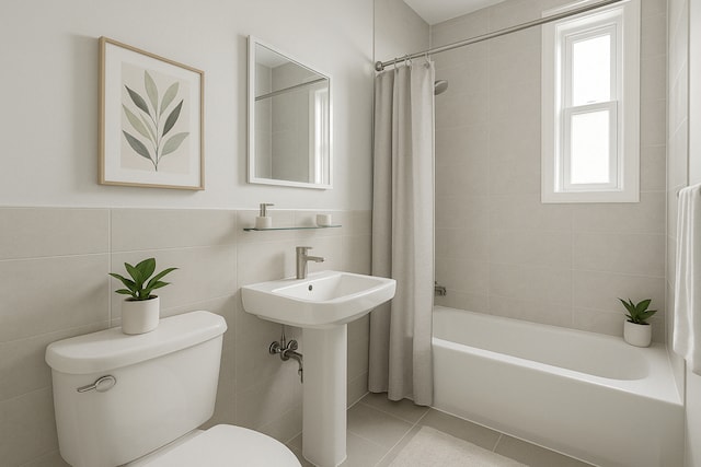 bathroom featuring toilet, tile walls, shower / tub combo, tile patterned flooring, and wainscoting