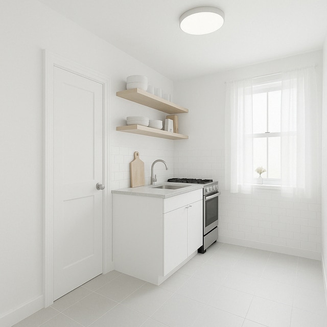 kitchen featuring gas range, a sink, light countertops, light tile patterned floors, and open shelves