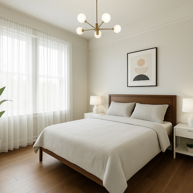 bedroom featuring wood finished floors and a chandelier