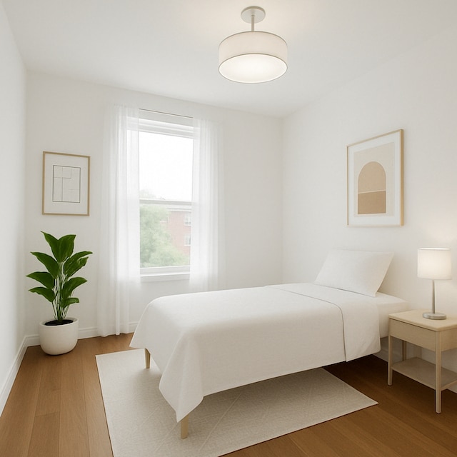 bedroom featuring wood finished floors and baseboards