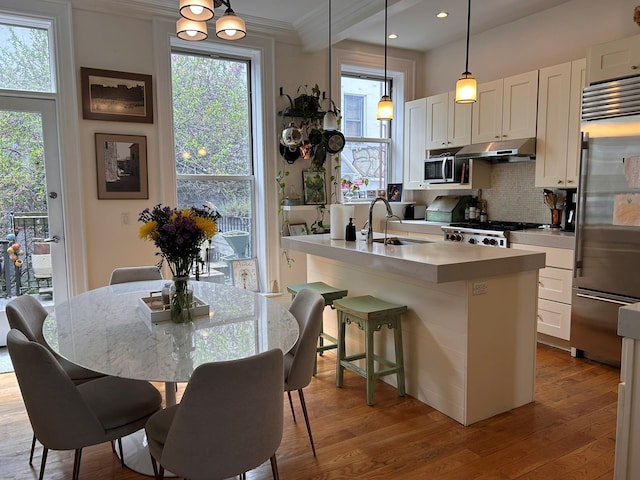 6 3rd St, New York City, NY 11231 - kitchen with wood finished floors, a sink, appliances with stainless steel finishes, and under cabinet range hood