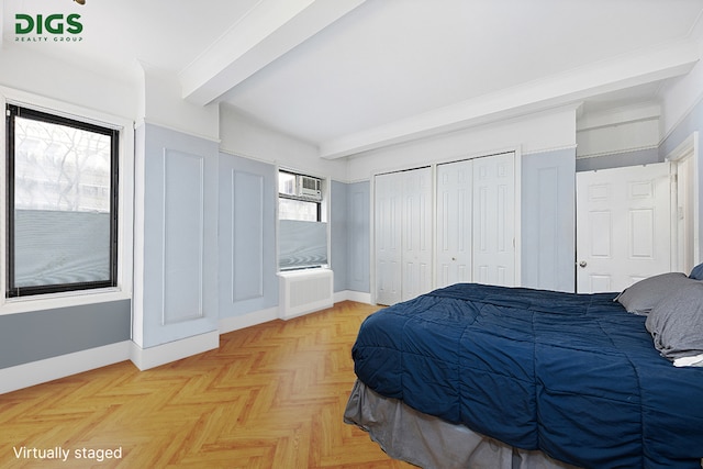 760 W End Ave Unit 1A, New York City, NY 10025 - bedroom with beamed ceiling, baseboards, and a wall unit AC