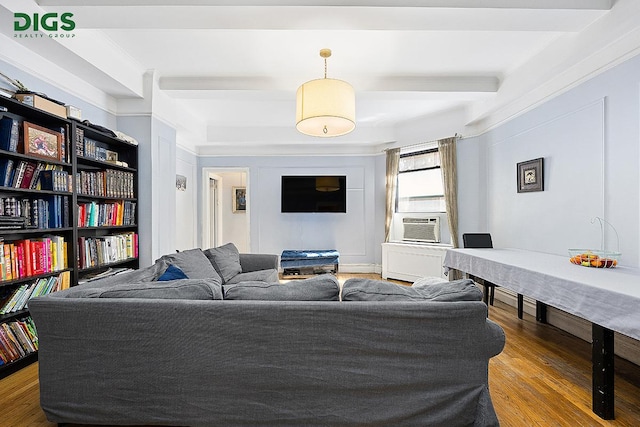 760 W End Ave Unit 1A, New York City, NY 10025 - living area featuring beam ceiling, wood finished floors, and cooling unit