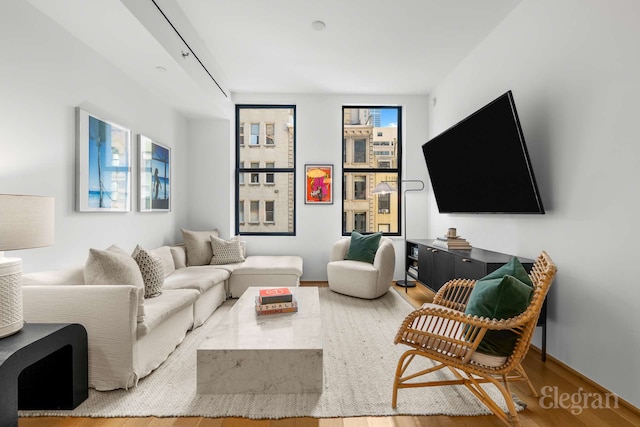 living area featuring wood finished floors and baseboards