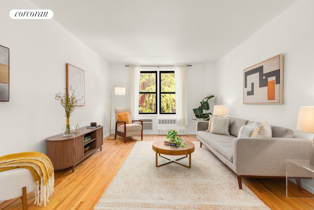 living room with radiator and light wood-type flooring