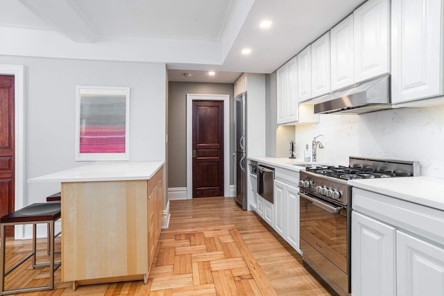 433 W 34th St Unit 5L, New York City, NY 10001 - kitchen with stainless steel appliances, under cabinet range hood, white cabinets, recessed lighting, and light countertops