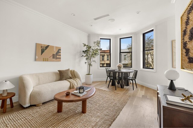 80 Cornelia St Unit 2, New York City, NY 11221 - living room with light wood-style flooring, ornamental molding, and baseboards