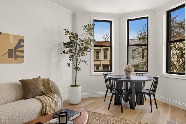 80 Cornelia St Unit 2, New York City, NY 11221 - dining area with light wood finished floors, baseboards, and crown molding