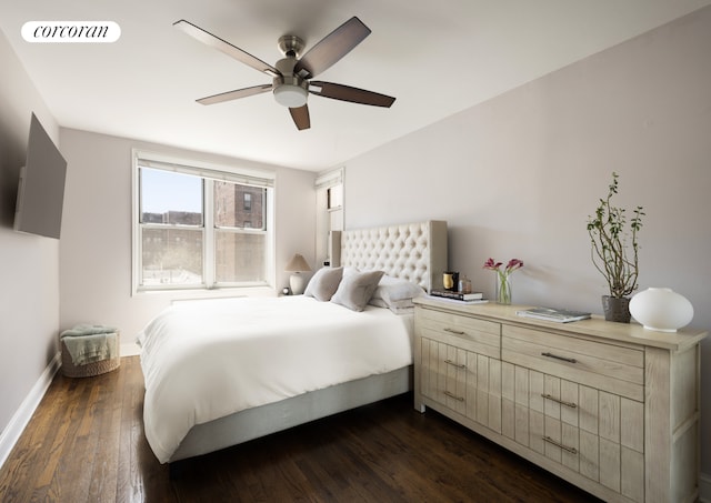 67-30 Clyde St Unit 5P, New York City, NY 11375 - bedroom featuring dark wood-style floors, baseboards, and a ceiling fan