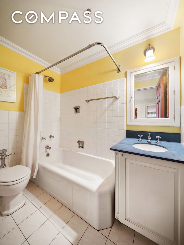 45 E End Ave Unit 10F, New York City, NY 10028 - full bathroom featuring ornamental molding, shower / tub combo with curtain, tile patterned flooring, vanity, and toilet