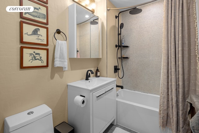 bathroom featuring shower / bath combination with curtain, toilet, and vanity