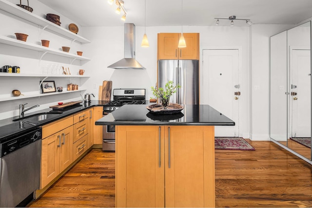kitchen with wall chimney range hood, appliances with stainless steel finishes, a sink, dark wood-style flooring, and dark countertops