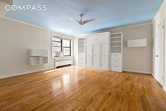 82 Irving Pl Unit 3E, New York City, NY 10003 - unfurnished bedroom featuring radiator heating unit, ornamental molding, light wood finished floors, baseboards, and ceiling fan