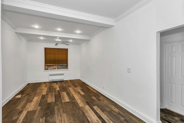 67-25 Clyde St Unit 1G, New York City, NY 11375 - spare room featuring crown molding, wood finished floors, baseboards, radiator heating unit, and a ceiling fan