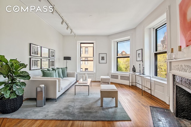 391/2 Washington Sq S Unit 9, New York City, NY 10012 - living room with hardwood / wood-style floors, rail lighting, and a premium fireplace