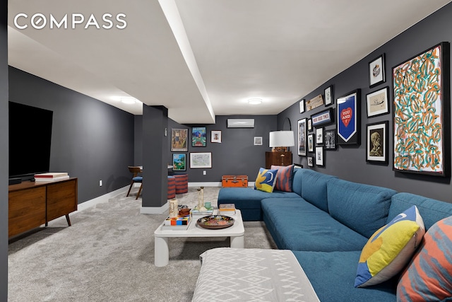 carpeted living area featuring baseboards
