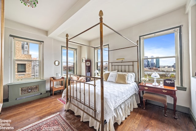 bedroom featuring multiple windows, wood finished floors, a city view, and baseboards