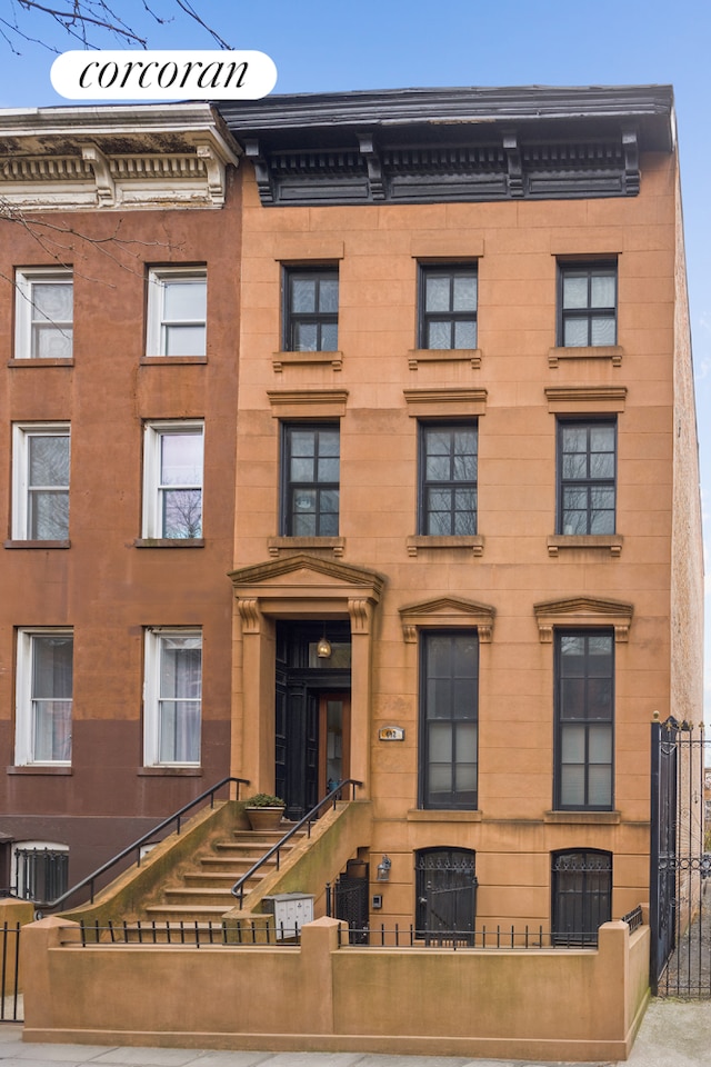 view of building exterior featuring a fenced front yard and central air condition unit
