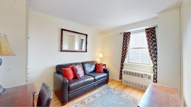 living area featuring radiator heating unit and wood finished floors