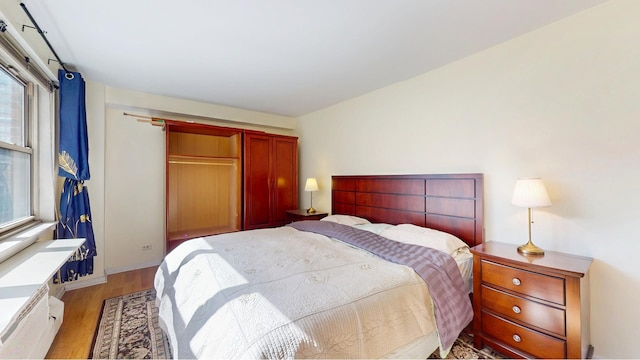 bedroom featuring multiple windows and light wood finished floors
