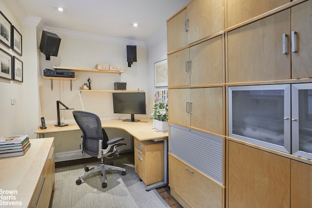 office featuring recessed lighting and ornamental molding