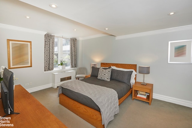 carpeted bedroom with crown molding, recessed lighting, and baseboards