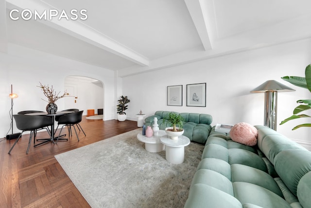 172 E 4th St Unit 8F, New York City, NY 10009 - living area with arched walkways and beamed ceiling