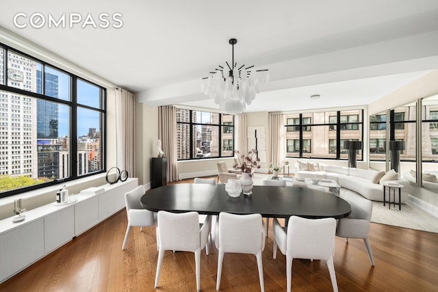 dining area featuring a chandelier, plenty of natural light, wood finished floors, and a view of city