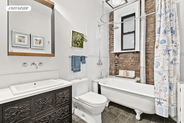 full bath featuring toilet, shower / bathtub combination with curtain, vanity, and brick wall